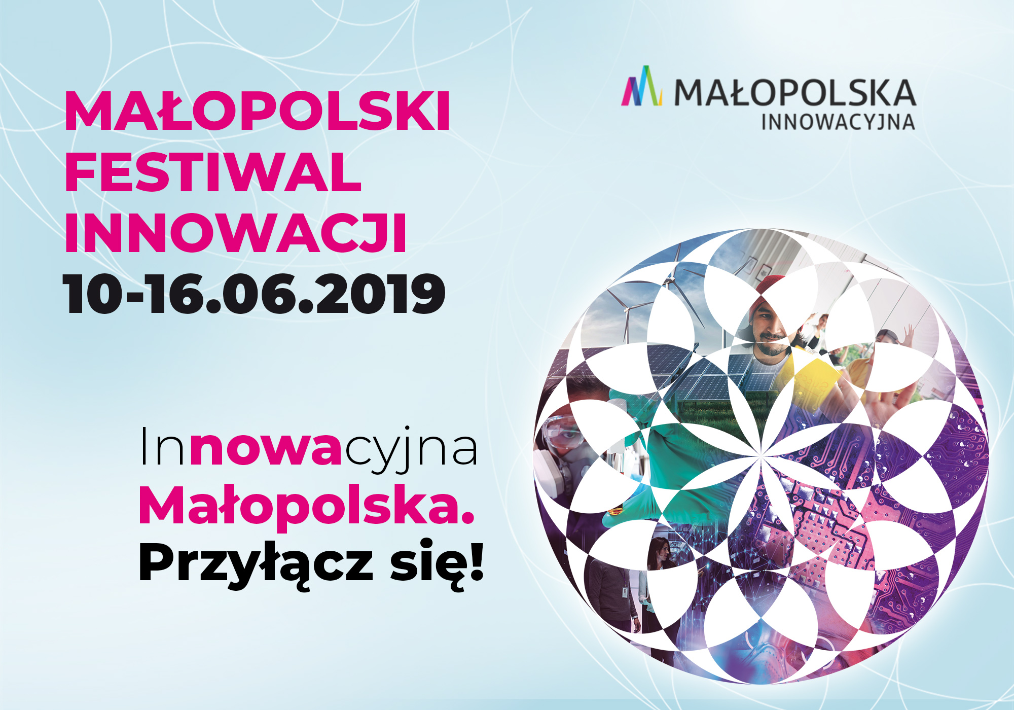 Grafika promująca Małopolski Festiwal Innowacji, 10-16 czerwca, logo małopolska innowacyjność