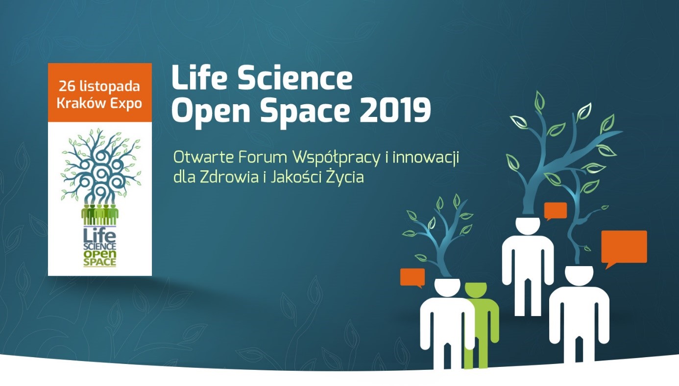 Life Scince Open Space 2019 baner promujący rozmawiający ludzie z drzewami wyrastającymi z głów